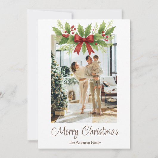 Elegant Holly & Red Bow Christmas Holiday Card (正面)