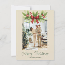 Elegant Holly & Red Bow Christmas Postcard ポストカード