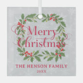 Elegant Holly Wreath Merry Christmas  ガラスオーナメント (正面)