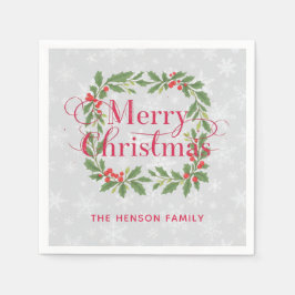 Elegant Holly Wreath Merry Christmas スタンダードカクテルナプキン