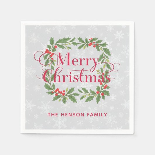Elegant Holly Wreath Merry Christmas スタンダードカクテルナプキン (正面)