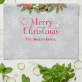 Elegant Holly Wreath Merry Christmas Photo キッチンタオル (折り畳み)