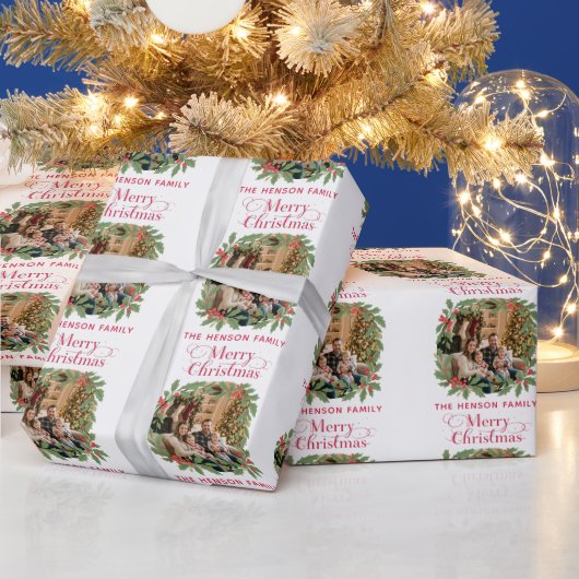 Elegant Holly Wreath Merry Christmas Photo ラッピングペーパー (クリスマス)