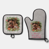 Elegant Holly Wreath Merry Christmas Photo 鍋つかみ&鍋敷きセット (正面)