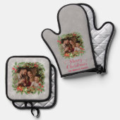 Elegant Holly Wreath Merry Christmas Photo 鍋つかみ&鍋敷きセット (正面/裏面)