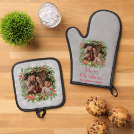 Elegant Holly Wreath Merry Christmas Photo 鍋つかみ&鍋敷きセット