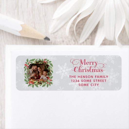 Elegant Holly Wreath Merry Christmas Photo Address ラベル (インサイチュ)