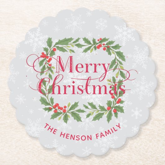 Elegant Holly Wreath Snowflakes Merry Christmas ペーパーコースター (正面)