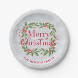 Elegant Holly Wreath Snowflakes Merry Christmas ペーパープレート