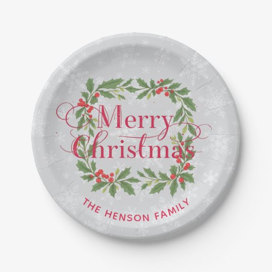 Elegant Holly Wreath Snowflakes Merry Christmas ペーパープレート (正面)