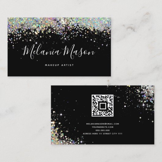 Elegant Holographic Glitter Makeup Artist QR Code 名刺 (正面/裏面)