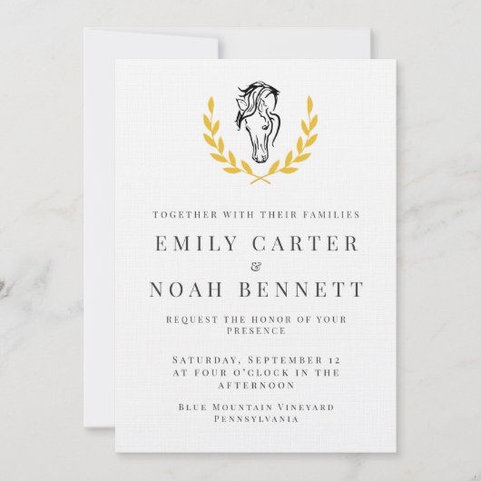 Elegant Horse Crest Wedding Invitation with Laurel 招待状 (正面)