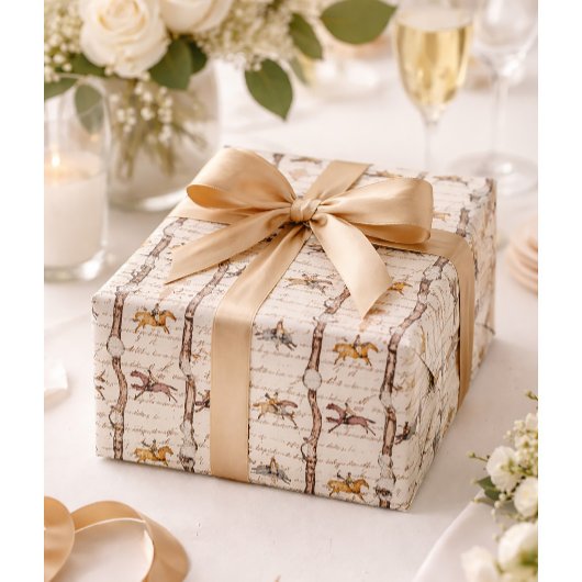 Elegant Horse Riders Belts and Bows Beige Script ラッピングペーパー