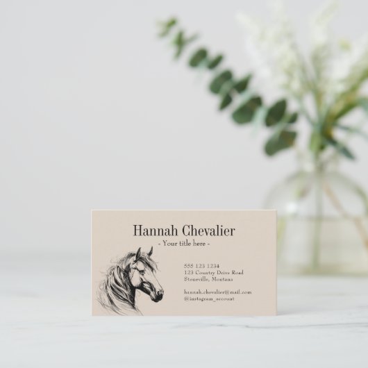 Elegant Horse Sketch Rustic Wood Equestrian 名刺 (スタンド正面)