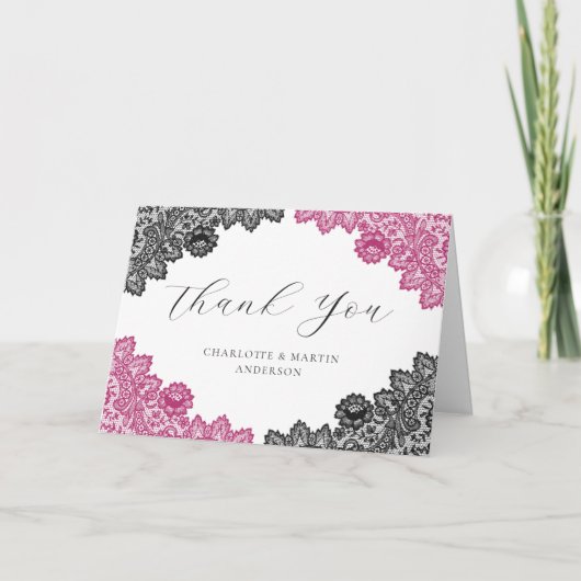 Elegant Hot Pink and Black Floral Lace Wedding サンキューカード (正面)