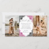 Elegant Hot Pink and Black Floral Wedding Photo サンキューカード (正面)