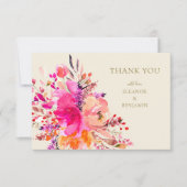 Elegant Hot Pink Floral Custom Names Wedding Flat サンキューカード (正面)