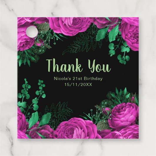 Elegant Hot Pink Flowers Birthday Party フェイバータグ (正面)