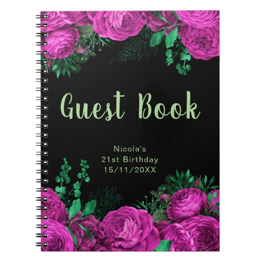 Elegant Hot Pink Flowers Birthday Party Guest Book ノートブック (正面)