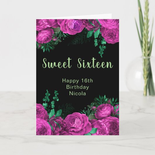 Elegant Hot Pink Flowers Sweet Sixteen カード (正面)