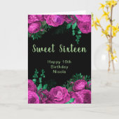 Elegant Hot Pink Flowers Sweet Sixteen カード (黄色い花)
