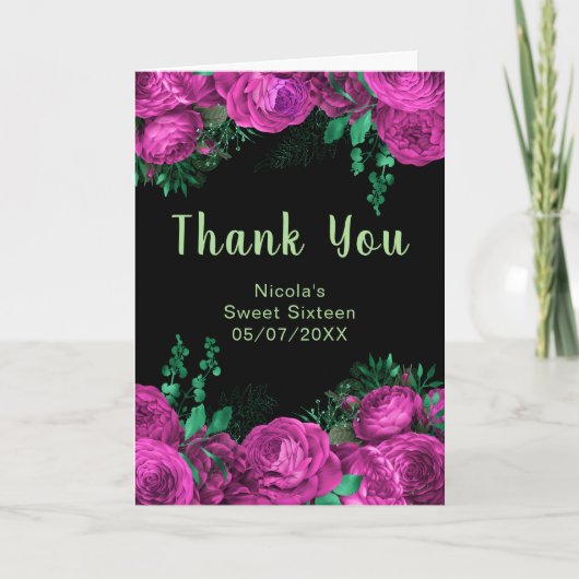 Elegant Hot Pink Flowers Sweet Sixteen サンキューカード (正面)