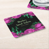 Elegant Hot Pink Flowers Sweet Sixteen スクエアペーパーコースター (アングル)