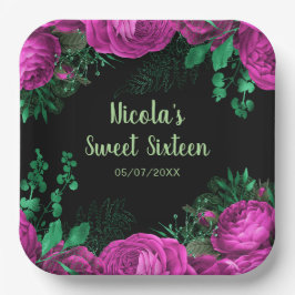 Elegant Hot Pink Flowers Sweet Sixteen ペーパープレート