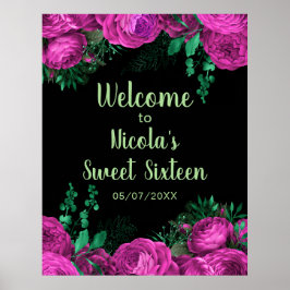 Elegant Hot Pink Flowers Sweet Sixteen Welcome ポスター