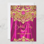 Elegant Hot Pink gems Gold Lace Damask Birthday 招待状 (正面)