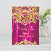 Elegant Hot Pink gems Gold Lace Damask Birthday 招待状 (スタンド正面)
