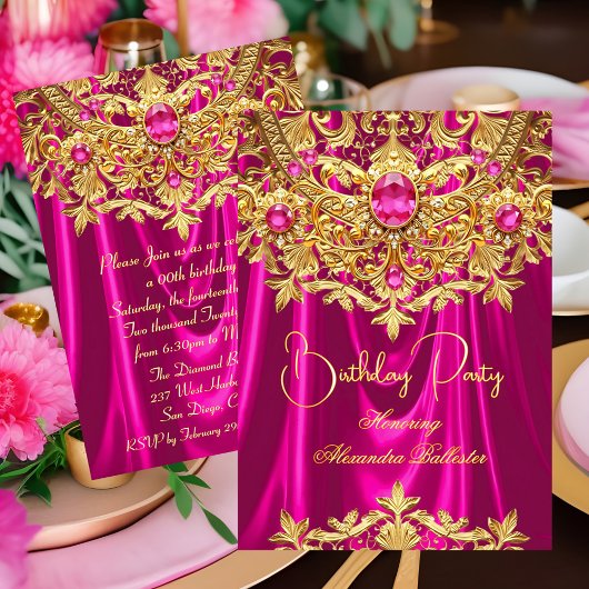 Elegant Hot Pink gems Gold Lace Damask Birthday 招待状