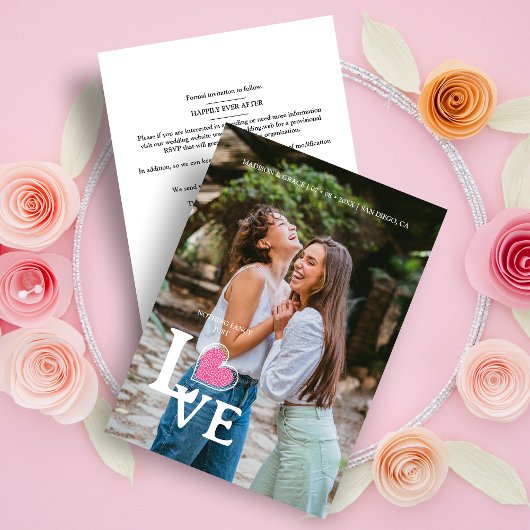 Elegant Hot Pink Heart Photo Fancy Love Wedding セーブザデート