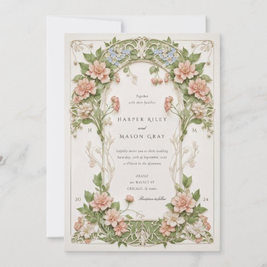 Elegant Hydrangea Art Nouveau Wedding 招待状 (正面)