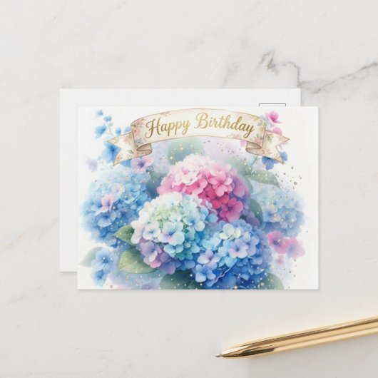 Elegant Hydrangea Blooms Happy Birthday Postcard ポストカード (正面/裏面インサイチュ)