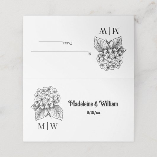 Elegant Hydrangea Bouquet Wedding Couple Initials  プレイスカード (外部開封)