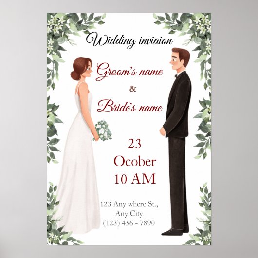 Elegant Illustrated Wedding Invitation  ポスター (正面)