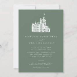 Elegant Illustration Sage Green Castle Wedding 招待状