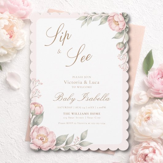 Elegant In Bloom Girl announcenment Sip & See  招待状