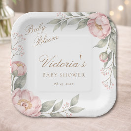 Elegant In Bloom Pink Girl Baby Shower Party ペーパープレート