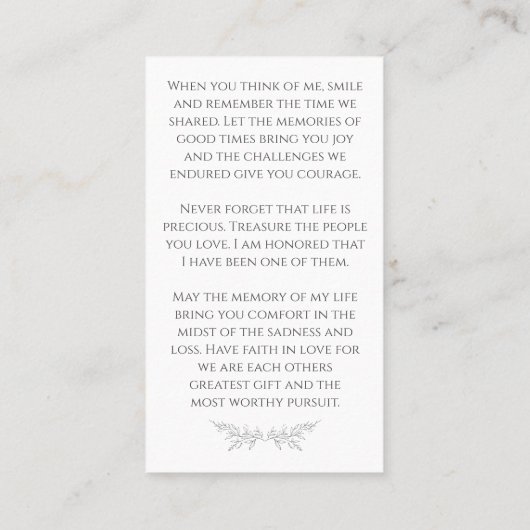 Elegant In Loving Memory Floral Photo Prayer Card 名刺 (裏面)