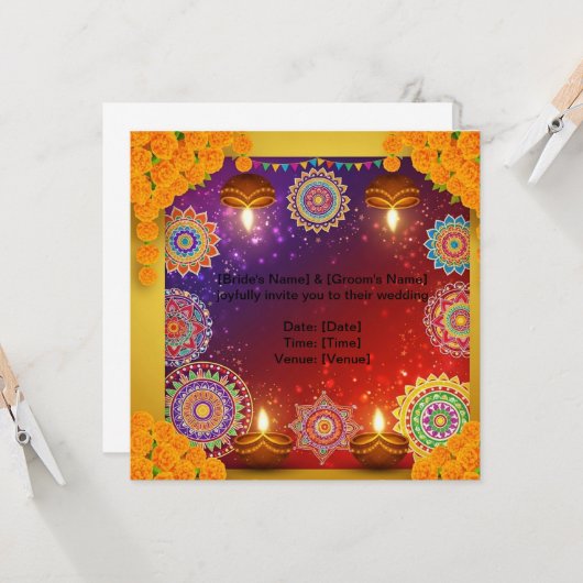Elegant Indian Rangoli Wedding Invitation カード (正面/裏面インサイチュ)