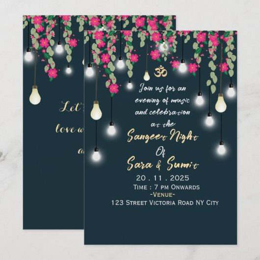 Elegant Indian Wedding Sangeet Ceremony Invitation 招待状 (正面/裏面)