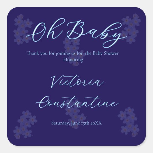 Elegant Indigo Blue Oh Baby Script Floral  スクエアシール (正面)