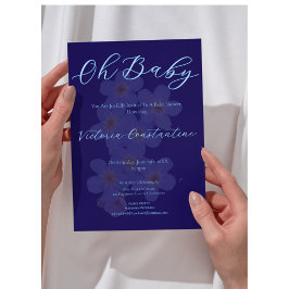Elegant Indigo Blue Oh Baby Script Floral Photo 招待状