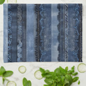 Elegant Indigo Lace Stripe Denim Pattern キッチンタオル (折り畳み)