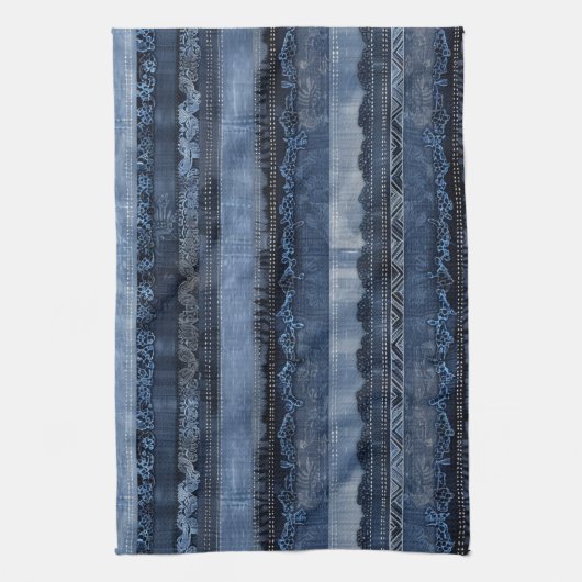 Elegant Indigo Lace Stripe Denim Pattern キッチンタオル (縦)