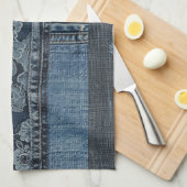 Elegant Indigo Lace Stripe Denim Pattern (2) キッチンタオル (四つ折り)