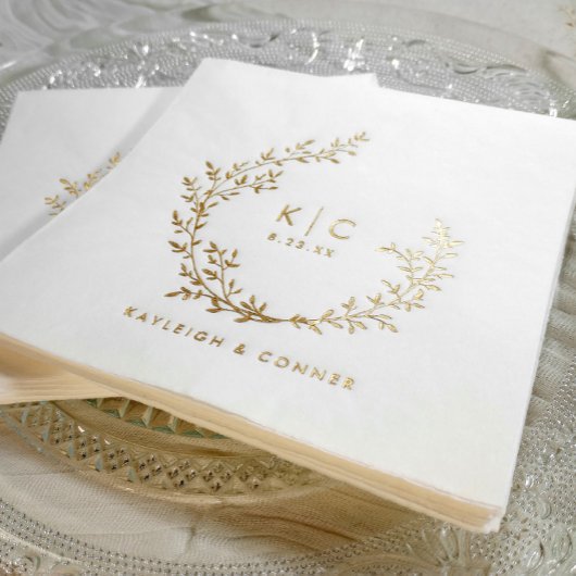 Elegant Initials Botanical Gold Classy Wedding 箔ナプキン