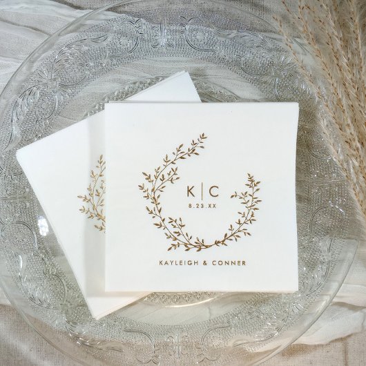 Elegant Initials Botanical Gold Classy Wedding 箔ナプキン